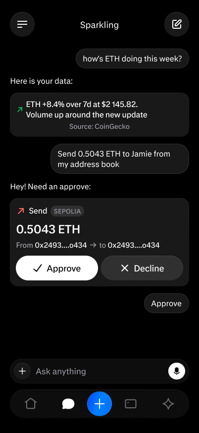 Sparkling in Telegram: ask for an ETH update, then send 0.5043 ETH with a one-tap on-chain approval